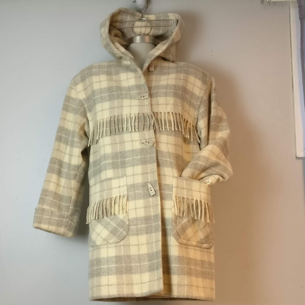 SHIFF Vintage made in Canada 100%Virgin Wool Plaid Coat with Fringe Pocket Hood